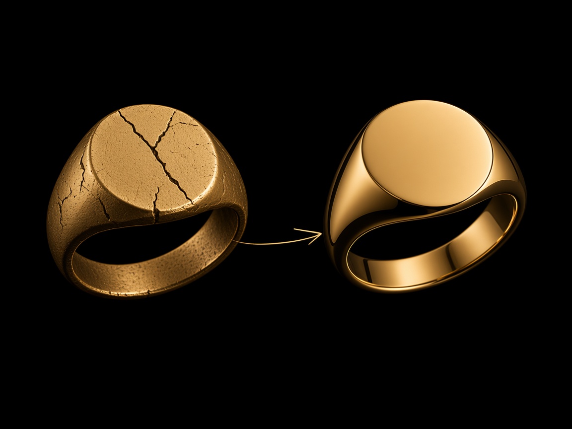 A cracked gold ring pointing to a polished new ring.
