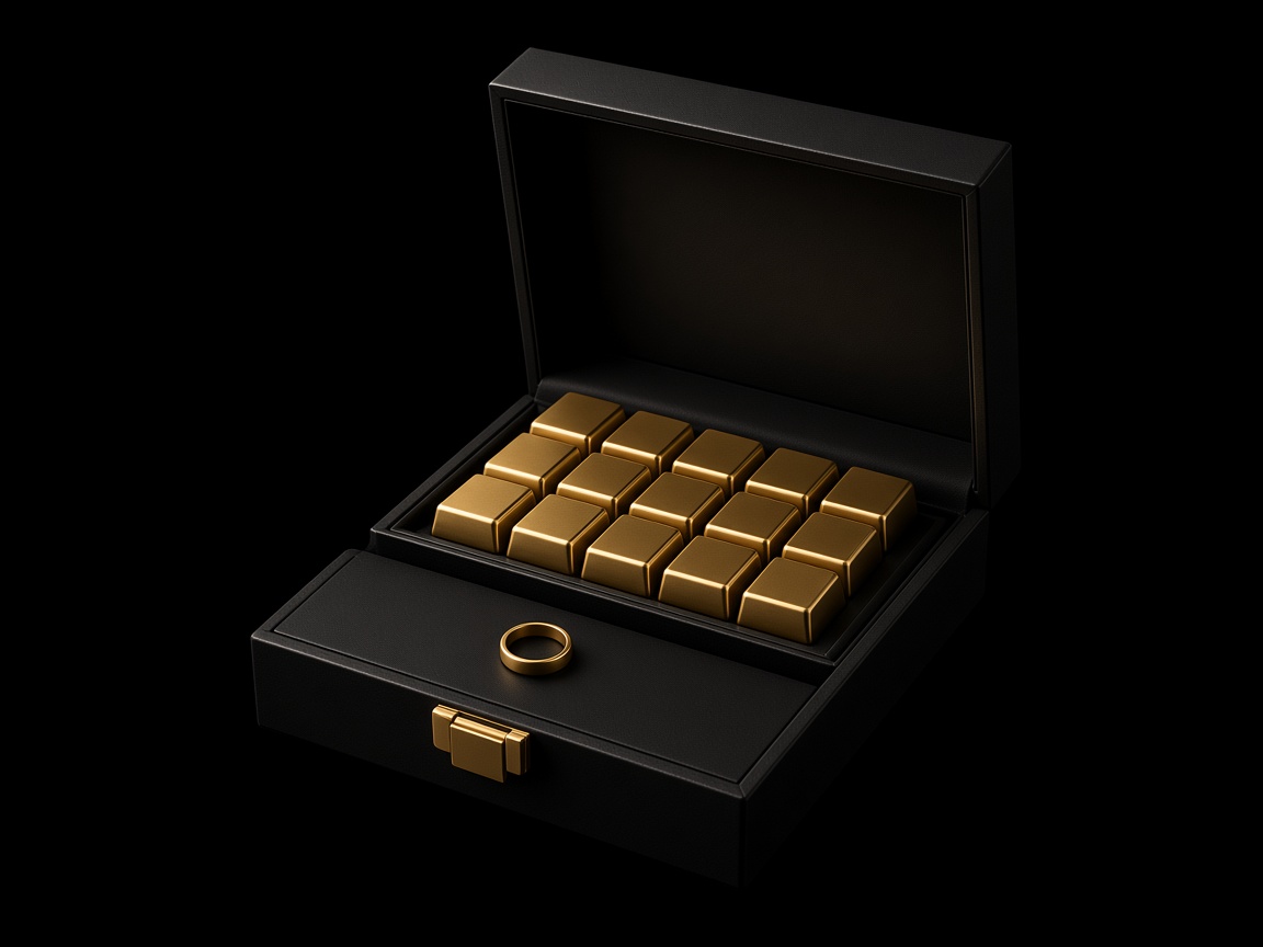 A closed case holding twelve gold pieces and a ring.